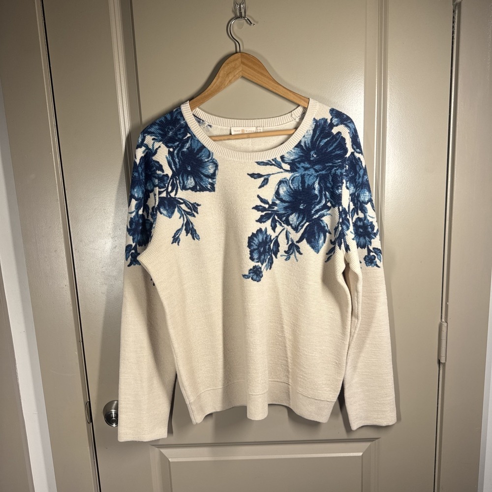 Tory Burch Sweater 100% Extra Fine Merino Wool Blue Floral Ivory Pullover Sz XL